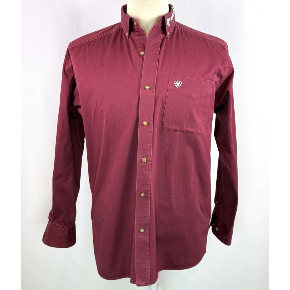 Ariat Team Logo Twill Long Sleeve Button Down Burgundy Mens Medium 10027995
